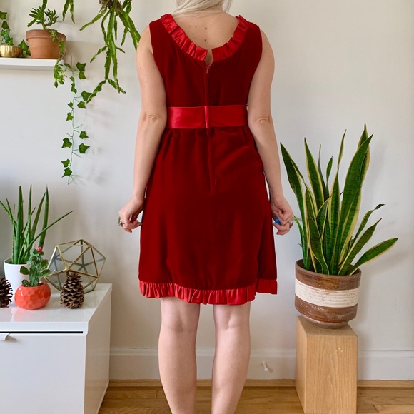 Vintage 60s red velvet mini dress satin bow S - Picture 4 of 6